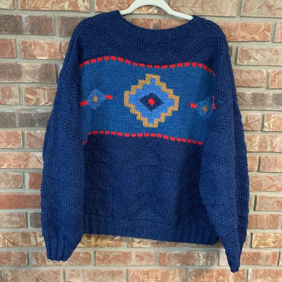 Vintage 90's Chunky Knit Americana Denim Western Mesa Santa Fe Pullover Sweater - Picture 4 of 16